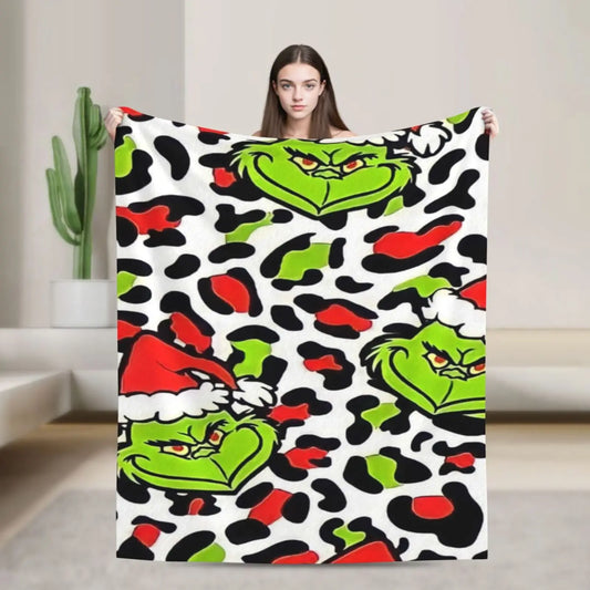 Merry Grinchmas Fleece Blanket Cozy Soft Throw for Bed or Sofa with Festive Design, Perfect Holiday Gift for Kids or Adults