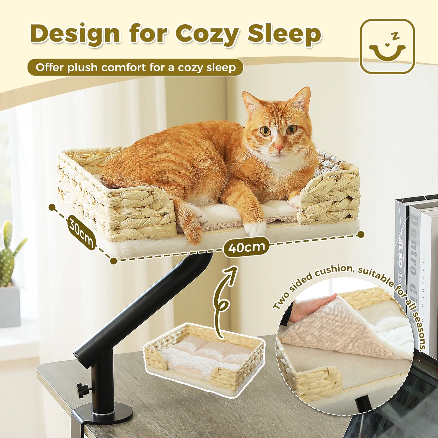 Cat Desk Bed, 360° Rotatable Cat Bed Stand for Indoor Cats  and small dogs. Adjustable Cat Basket, Cat and dog Hammock for Table, Soft pet Bed for Desk.wicker basket and soft padding are two  choices.