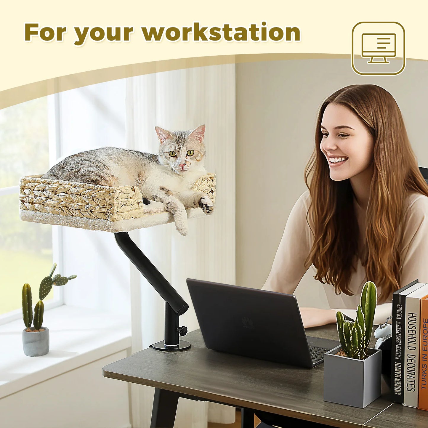 Cat Desk Bed, 360° Rotatable Cat Bed Stand for Indoor Cats  and small dogs. Adjustable Cat Basket, Cat and dog Hammock for Table, Soft pet Bed for Desk.wicker basket and soft padding are two  choices.