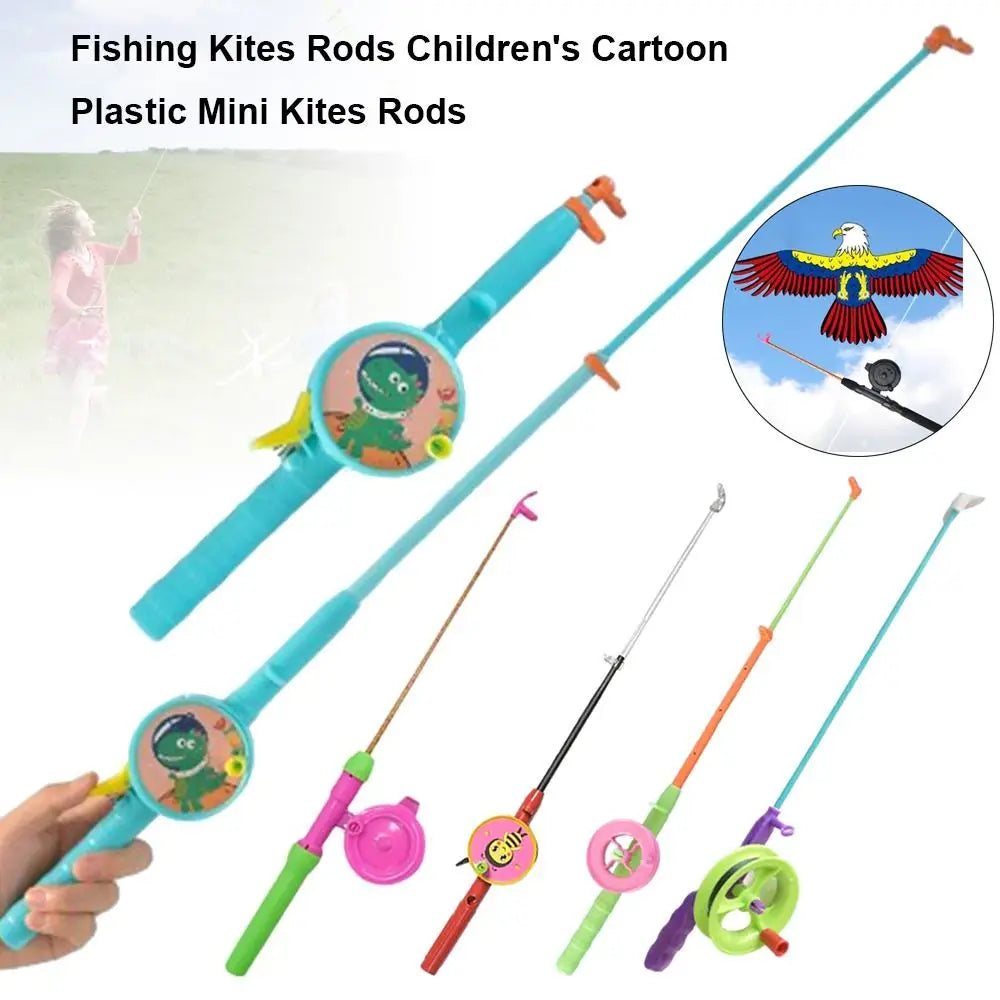 Fishing Kites Rods Children's Cartoon Plastic Mini Kites Rods Diverse Styles Fishing Rods with 50meters Stretchable Straps , Great to attach cat and kittens Toys and no hooks lures to and cast out for cats and kittens.  also
