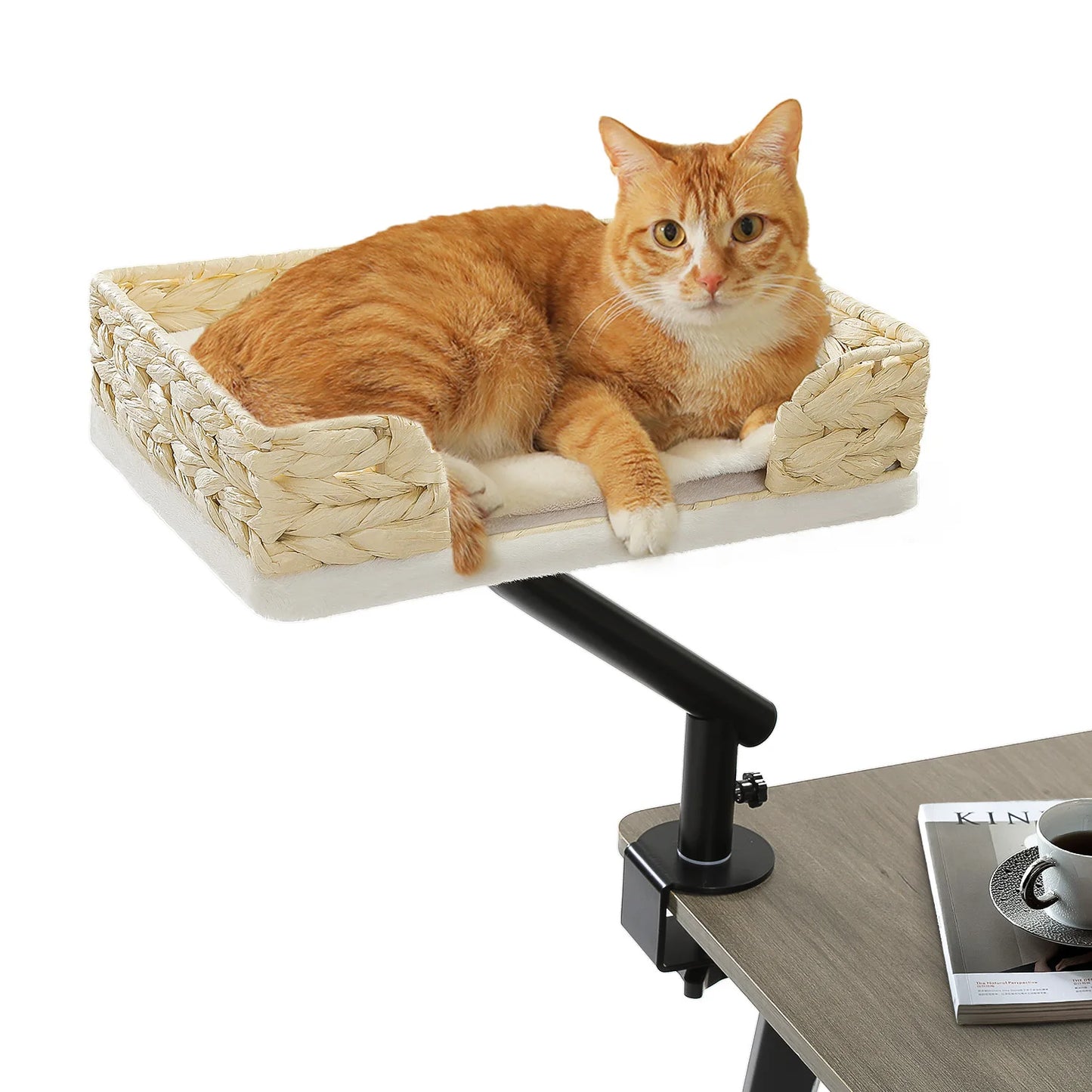 Cat Desk Bed, 360° Rotatable Cat Bed Stand for Indoor Cats  and small dogs. Adjustable Cat Basket, Cat and dog Hammock for Table, Soft pet Bed for Desk.wicker basket and soft padding are two  choices.