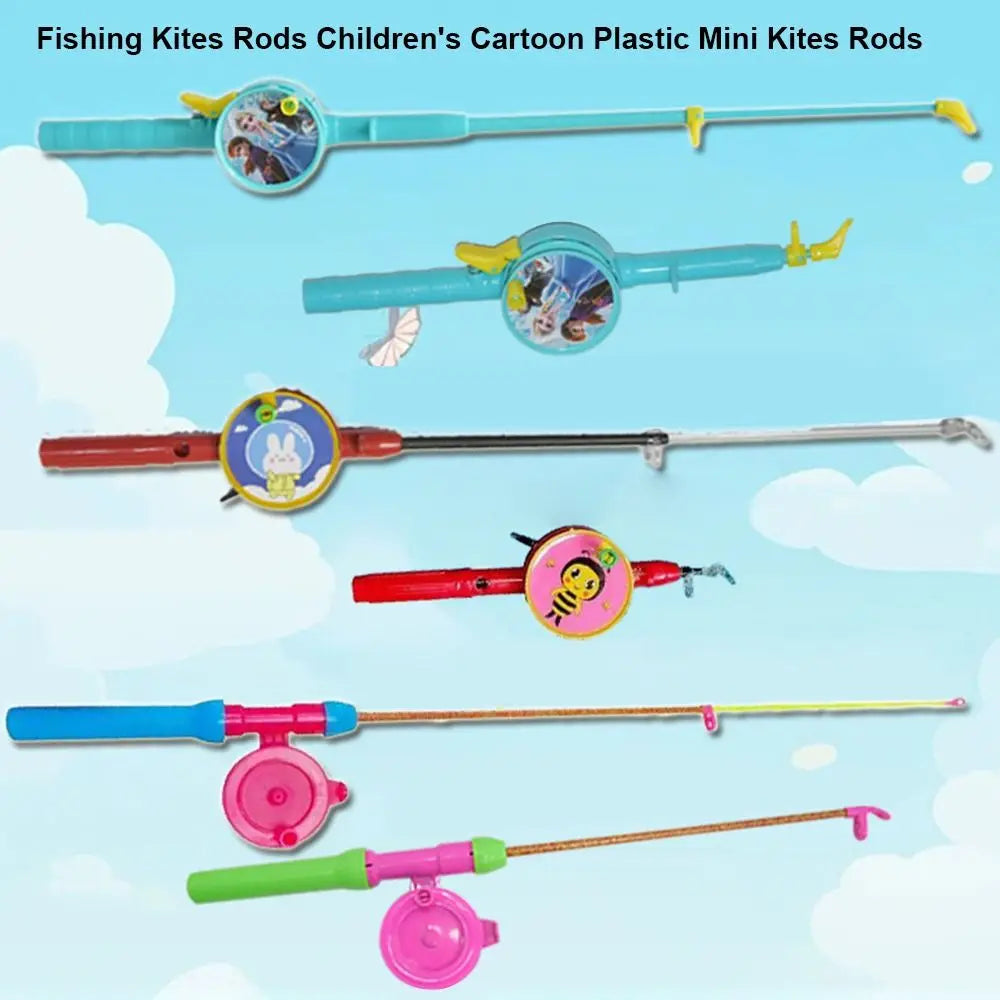 Fishing Kites Rods Children's Cartoon Plastic Mini Kites Rods Diverse Styles Fishing Rods with 50meters Stretchable Straps , Great to attach cat and kittens Toys and no hooks lures to and cast out for cats and kittens.  also