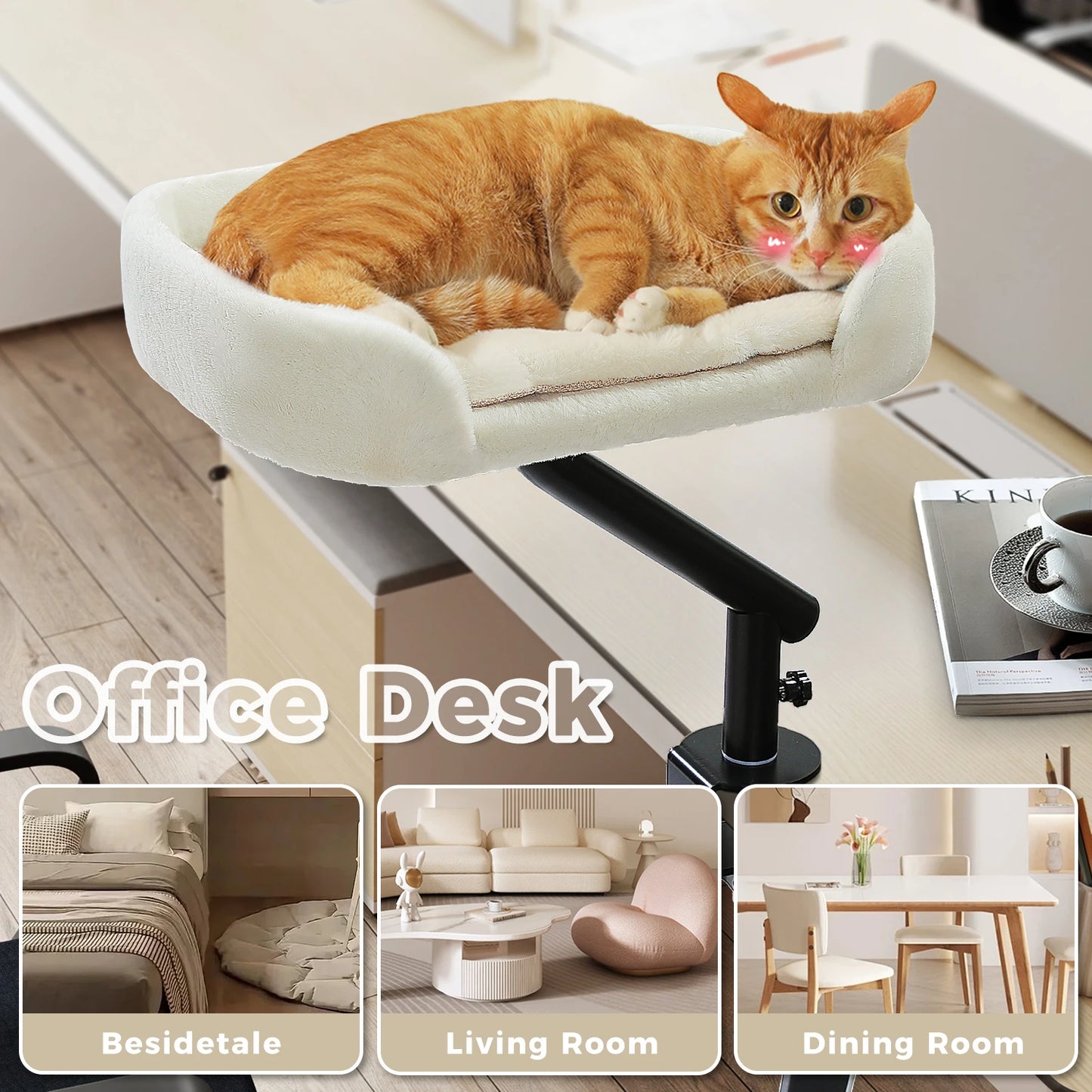 Cat Desk Bed, 360° Rotatable Cat Bed Stand for Indoor Cats  and small dogs. Adjustable Cat Basket, Cat and dog Hammock for Table, Soft pet Bed for Desk.wicker basket and soft padding are two  choices.