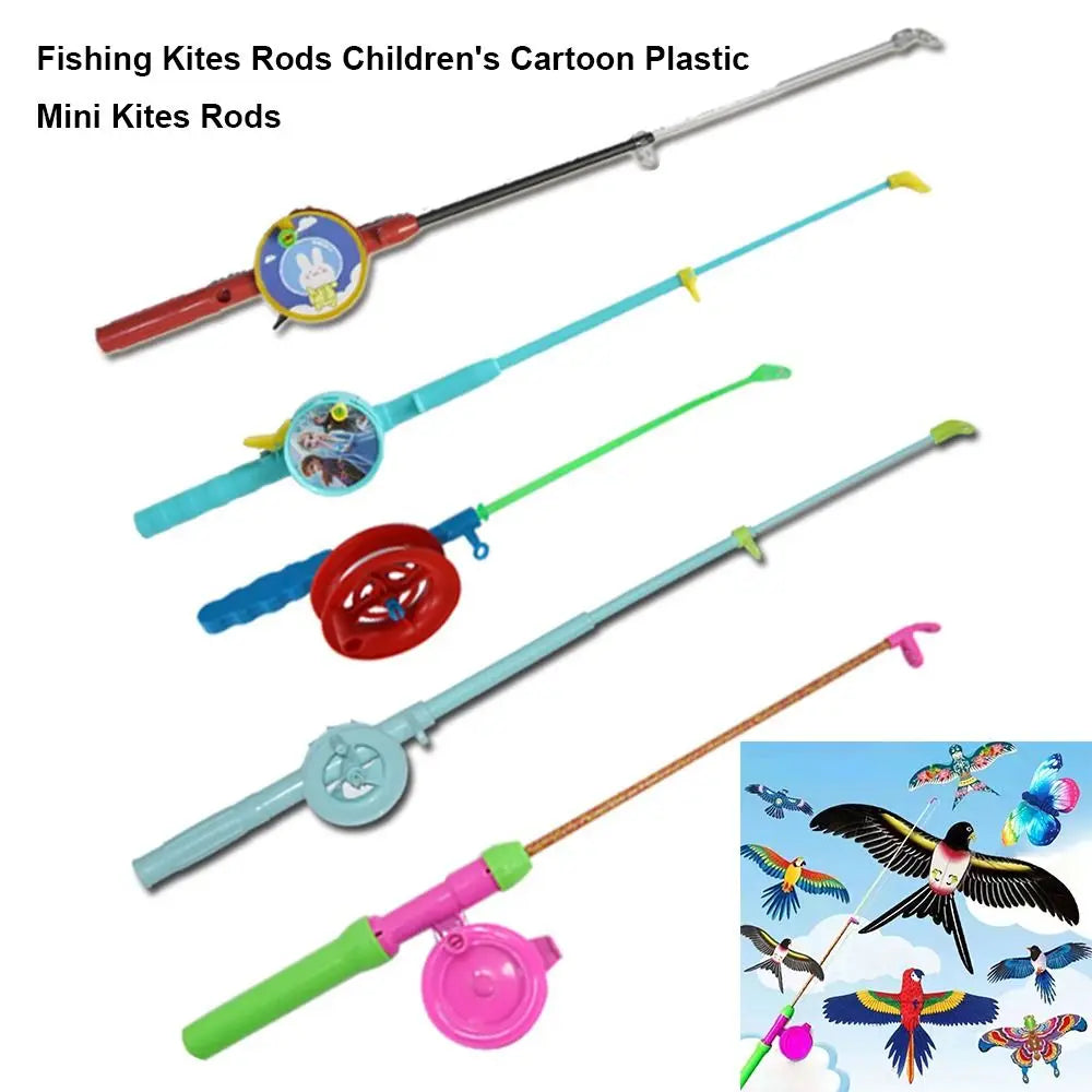 Fishing Kites Rods Children's Cartoon Plastic Mini Kites Rods Diverse Styles Fishing Rods with 50meters Stretchable Straps , Great to attach cat and kittens Toys and no hooks lures to and cast out for cats and kittens.  also