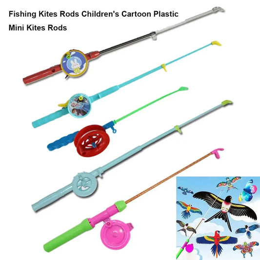Fishing Kites Rods Children's Cartoon Plastic Mini Kites Rods Diverse Styles Fishing Rods with 50meters Stretchable Straps , Great to attach cat and kittens Toys and no hooks lures to and cast out for cats and kittens.  also