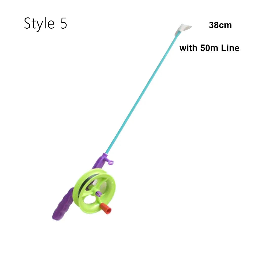 Fishing Kites Rods Children's Cartoon Plastic Mini Kites Rods Diverse Styles Fishing Rods with 50meters Stretchable Straps , Great to attach cat and kittens Toys and no hooks lures to and cast out for cats and kittens.  also