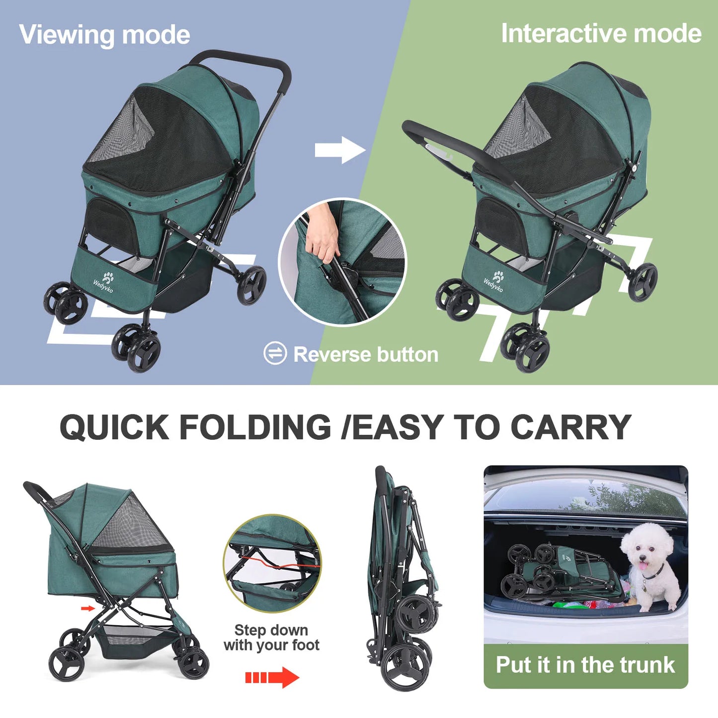 Dog Stroller, Pet Stroller for Medium Dogs Cats, with Dog Poop Bags, Reversible Handlebar, Tethers, Storage Basket and Pouch