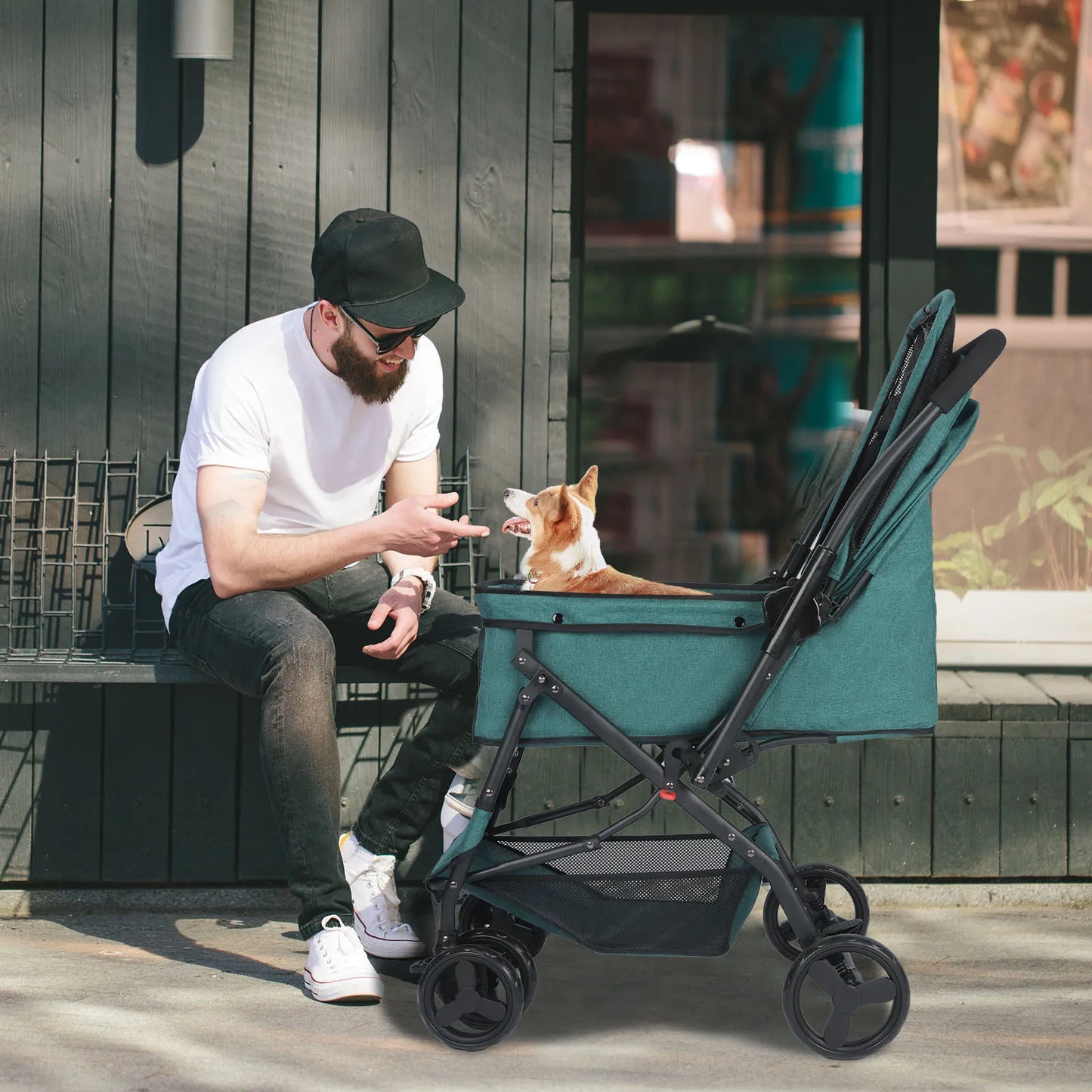 Dog Stroller, Pet Stroller for Medium Dogs Cats, with Dog Poop Bags, Reversible Handlebar, Tethers, Storage Basket and Pouch