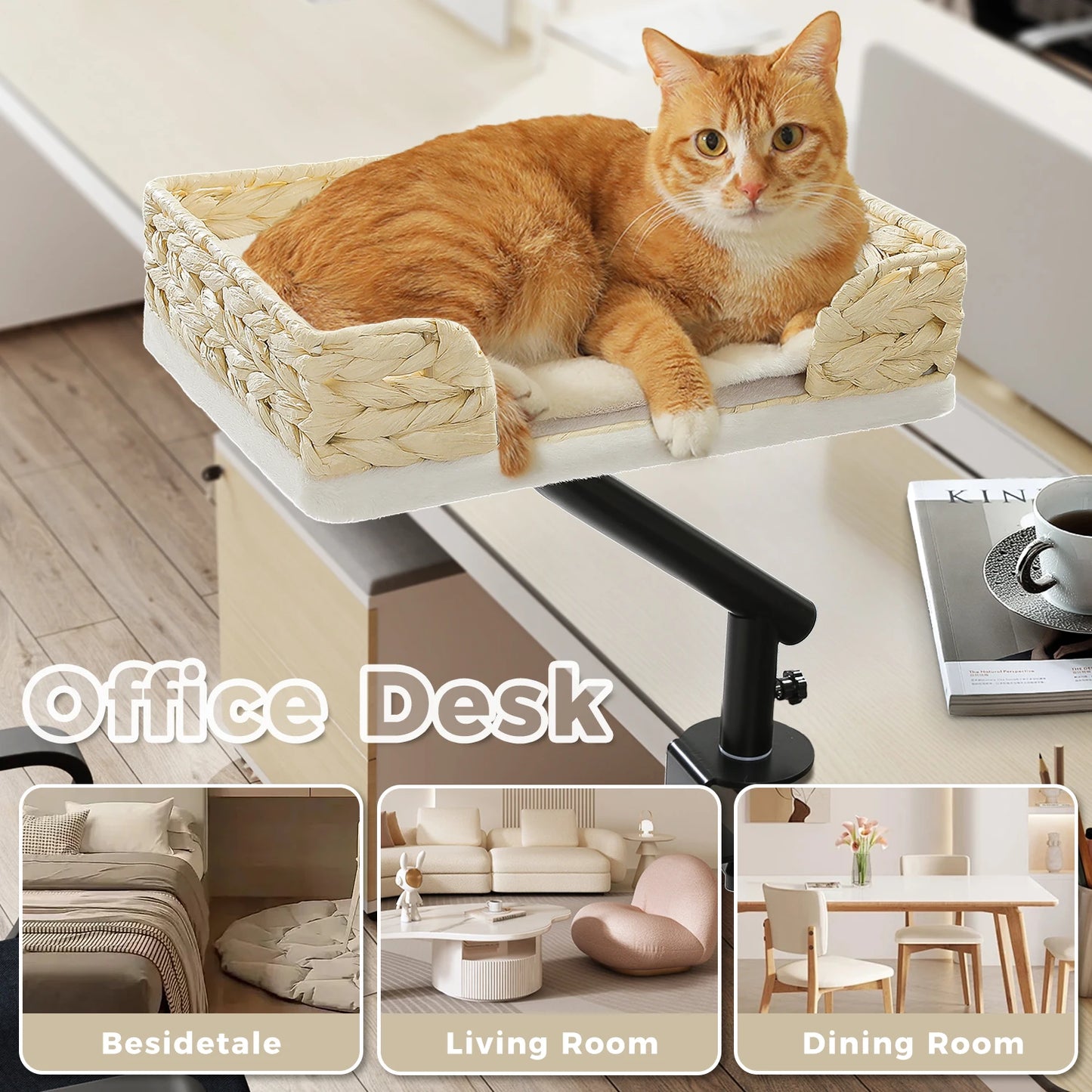 Cat Desk Bed, 360° Rotatable Cat Bed Stand for Indoor Cats  and small dogs. Adjustable Cat Basket, Cat and dog Hammock for Table, Soft pet Bed for Desk.wicker basket and soft padding are two  choices.