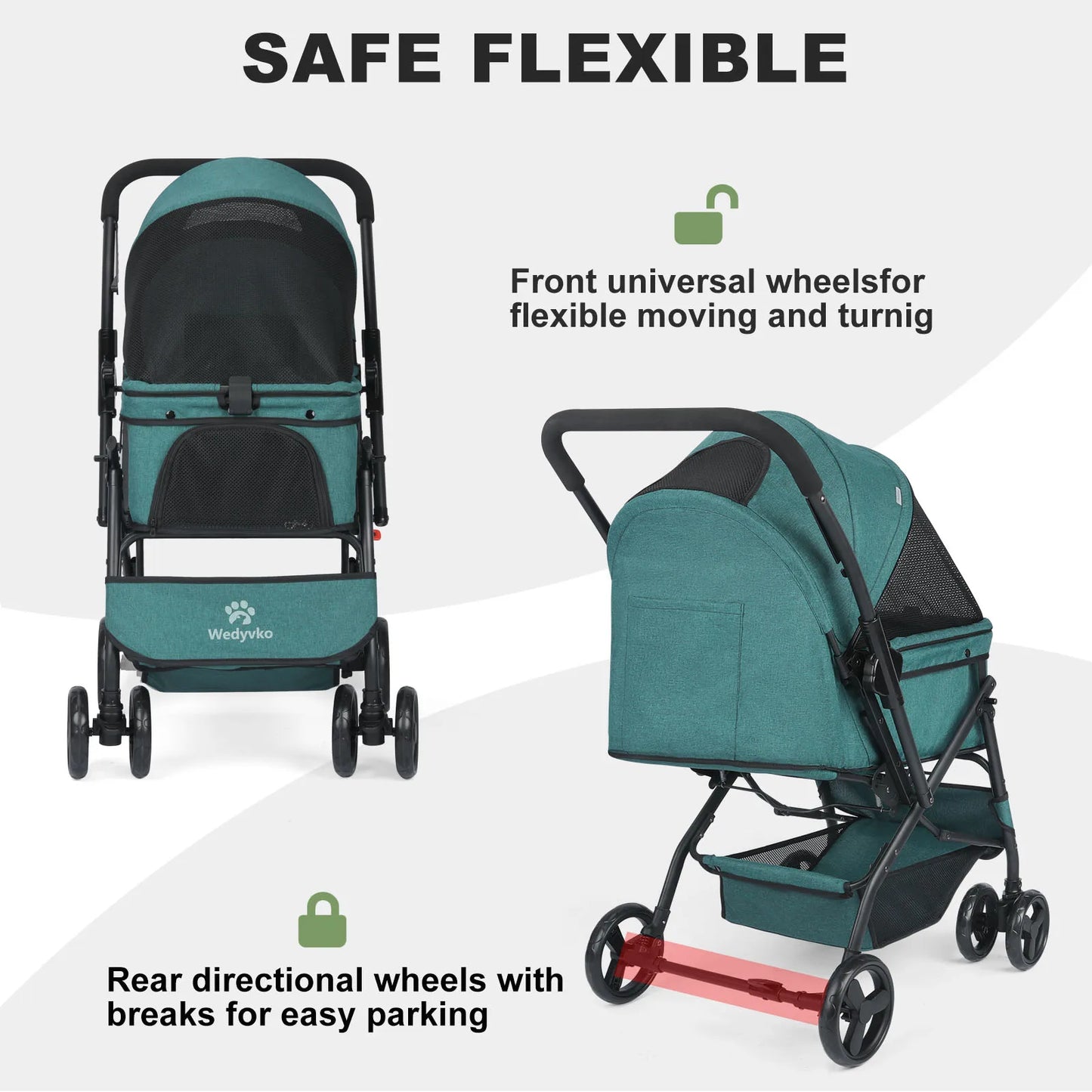 Dog Stroller, Pet Stroller for Medium Dogs Cats, with Dog Poop Bags, Reversible Handlebar, Tethers, Storage Basket and Pouch