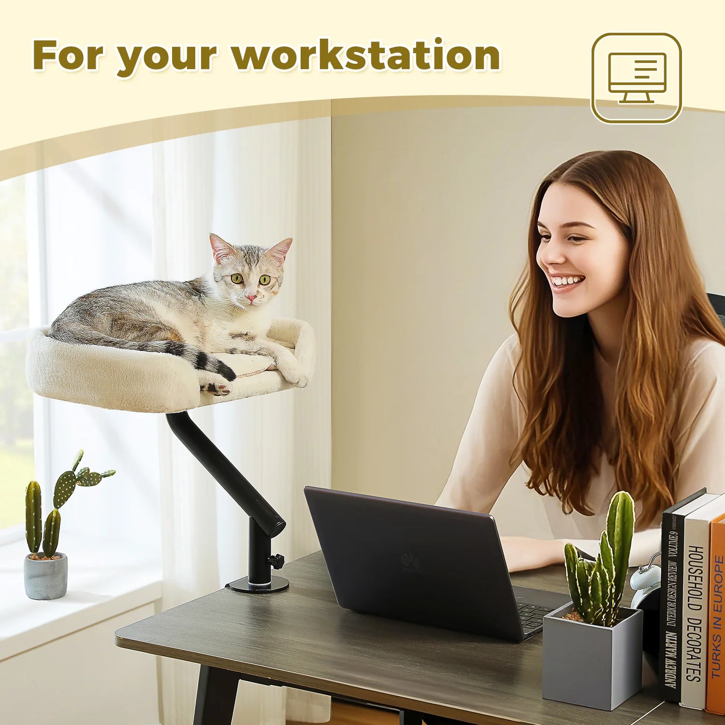 Cat Desk Bed, 360° Rotatable Cat Bed Stand for Indoor Cats  and small dogs. Adjustable Cat Basket, Cat and dog Hammock for Table, Soft pet Bed for Desk.wicker basket and soft padding are two  choices.